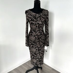 Betsy & Adam Black and Rose Gold Glitter Long Sleeve Midi Dress
